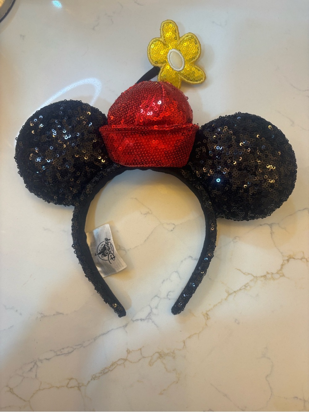 Disney Black Sequin Minnie Ears Headband with Red Sequin Hat and Yellow Flower